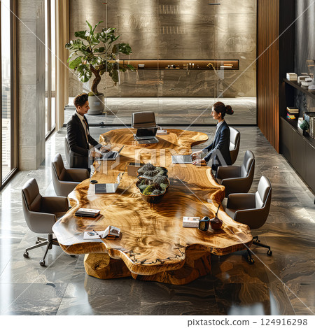 Man and a woman are sitting at a long wooden table in a conference room 124916298