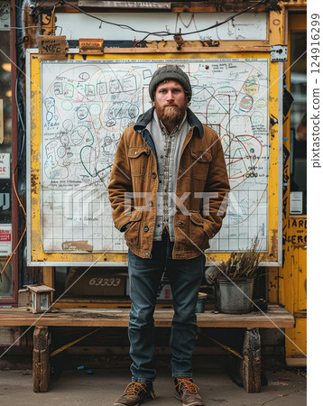 Man in a brown jacket stands in front of a yellow board with a lot of writing 124916299