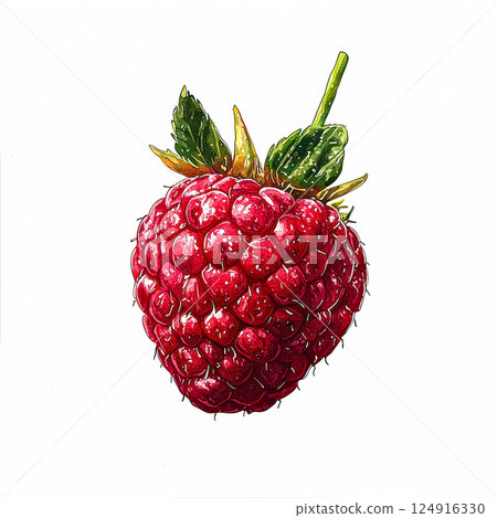 Close up of a red raspberry with a green leaf on top. Close up of a red raspberry with a green leaf on top. 124916330