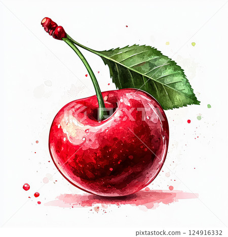 Cherry is painted on a white background with pink splatters. Cherry is painted on a white background with pink splatters. 124916332