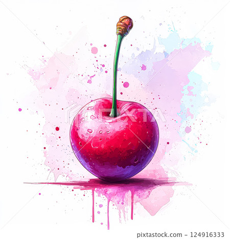 Cherry is painted on a white background with pink splatters Cherry is painted on a white background with pink splatters 124916333