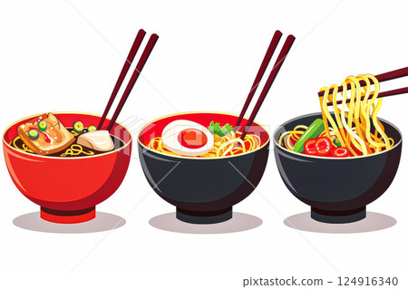 Three bowls of food with chopsticks in them 124916340