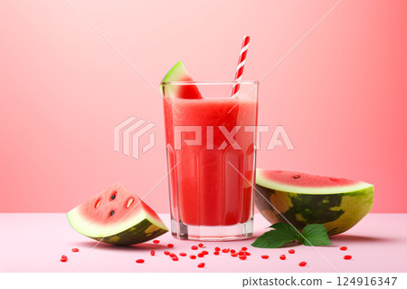 Glass of watermelon juice with a straw in it 124916347