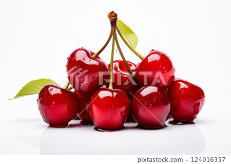 Four red cherries with green leaves on top. Four red cherries with green leaves on top. 124916357