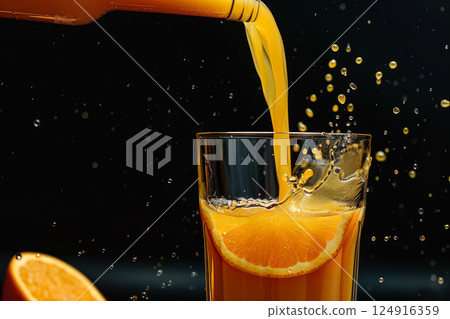 Glass of orange juice is poured into a glass Glass of orange juice is poured into a glass 124916359