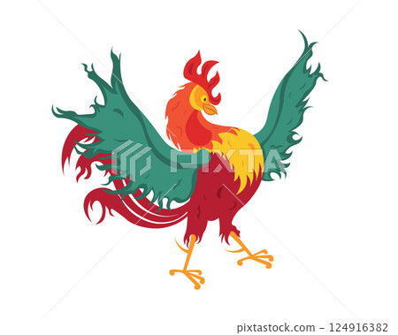 Cock. A bright colored rooster. A cartoon-style rooster. The vector illustration is isolated on a white background 124916382