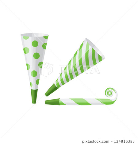 Pipe horn for parties. Colorful horns and pipes for parties. A festive accessory. Party supplies. Vector illustration 124916383