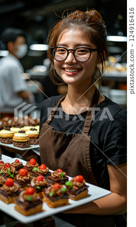 Woman wearing glasses and apron is holding a tray of desserts Woman wearing glasses and apron is holding a tray of desserts 124916416