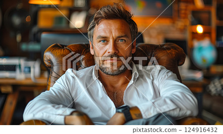Man in a leather chair with a watch on his wrist Man in a leather chair with a watch on his wrist 124916432