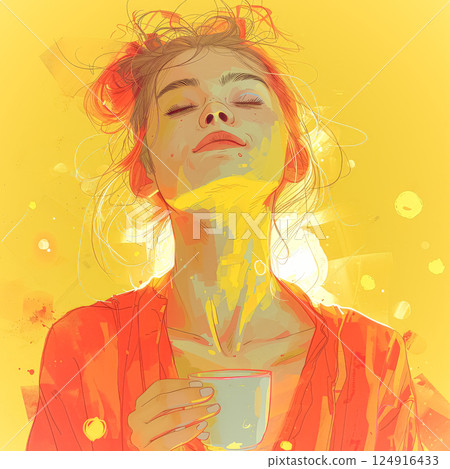 Woman is holding a cup in her hand and looking at the camera Woman is holding a cup in her hand and looking at the camera 124916433