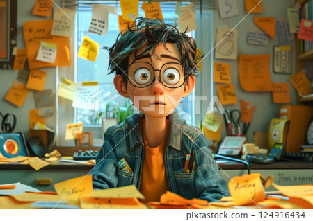 Boy with glasses is sitting at a desk with a lot of papers on it 124916434