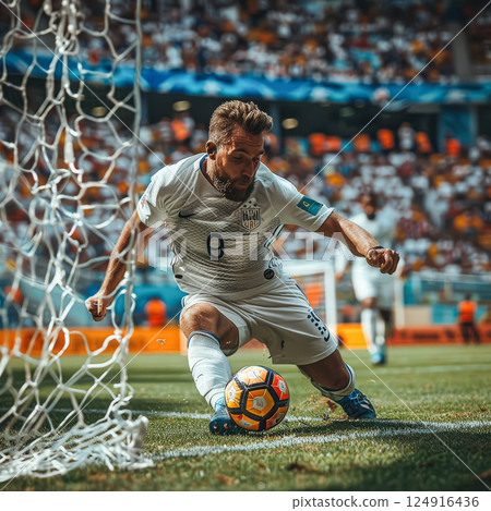 Soccer player wearing a white jersey with the number 9 on it is about to kick 124916436