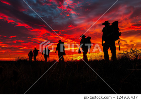 Group of people are walking in a field at sunset Group of people are walking in a field at sunset 124916437