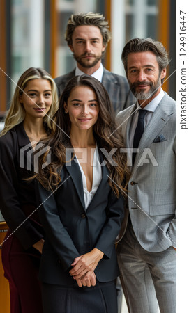 Group of people are posing for a photo, with one woman wearing a black suit 124916447