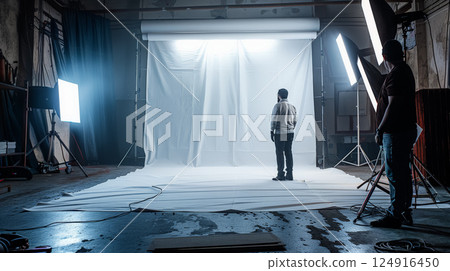 Man stands in front of a white backdrop with a camera in his hand 124916450
