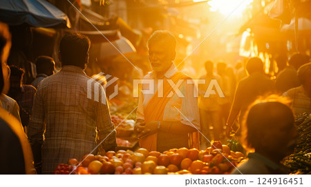 Man in an orange sari stands in front of a fruit stand 124916451