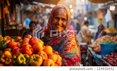 Woman is smiling while holding a basket of tomatoes 124916452