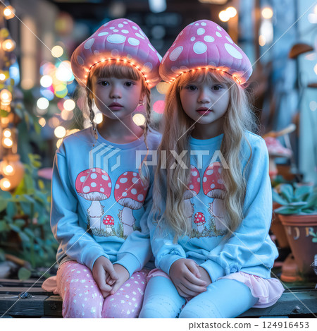 Two young girls wearing mushroom hats and blue shirts sit on a bench 124916453