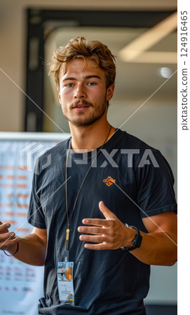 Man in a black shirt with a gold chain around his neck is talking to someone 124916465