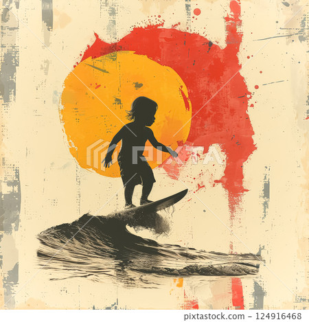 Child is surfing on a wave with a sun in the background 124916468