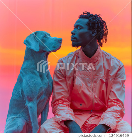 Man and a dog are sitting together in front of a wall with a pink background 124916469