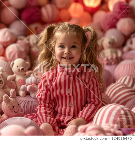 Little girl is sitting in a room full of stuffed animals 124916470