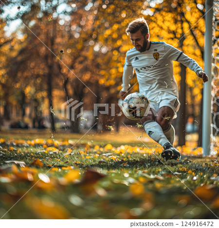 Man in a white jersey kicks a soccer ball in a park 124916472