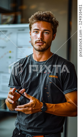 Man in a black shirt is holding a cell phone and looking at a board behind him Man in a black shirt is holding a cell phone and looking at a board behind him 124916481