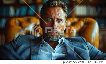 Man in a suit is sitting in a leather chair Man in a suit is sitting in a leather chair 124916494
