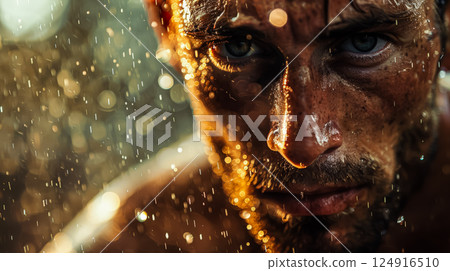 Man with wet hair and a wet face 124916510