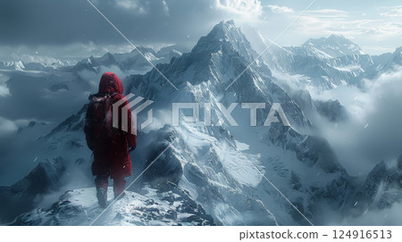 Man in a red jacket stands on a snowy mountain peak 124916513