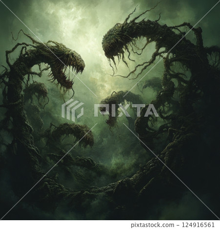 Monstrous vines with ominous faces in a dark eerie forest 124916561