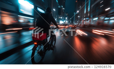 Cyclist riding through city streets at night with dynamic motion blur 124916570