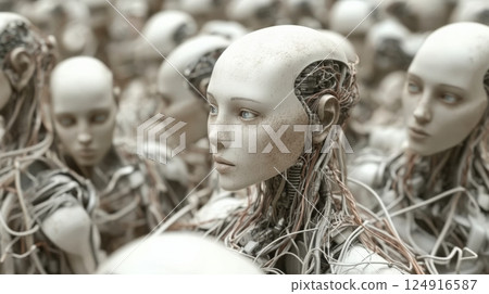 Futuristic humanoid robots with intricate wiring in a crowded environment 124916587