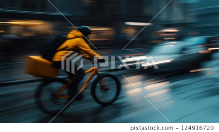 Cyclist delivering food through the city streets in rainy urban evening 124916720