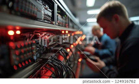 Technicians managing network equipment in illuminated server room 124916762