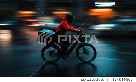 Courier on electric bike delivering packages at night on busy city streets 124916805
