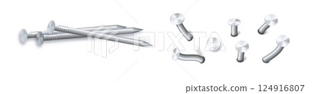 Nails hammered into wall steel straight and bent metal hardware spikes. Hobnails with grey caps top view isolated on transparent background. Vector 124916807