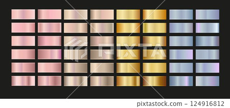 Gold rose, silver, holographic, bronze and golden foil texture gradation set. Vector shiny hologram and metallic gradient collection Gold rose, silver, holographic, bronze and golden foil texture gradation set. Vector shiny hologram and metallic gradient collection 124916812
