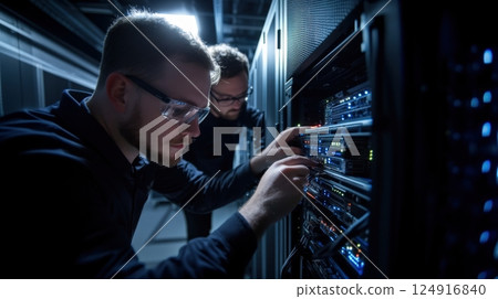 Technicians working on server equipment in modern data center Technicians working on server equipment in modern data center 124916840
