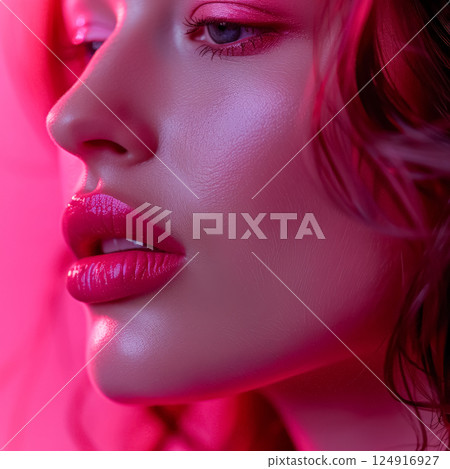 Woman with long hair and a pink background 124916927