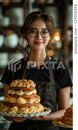 Woman wearing glasses is holding a large cake 124916934