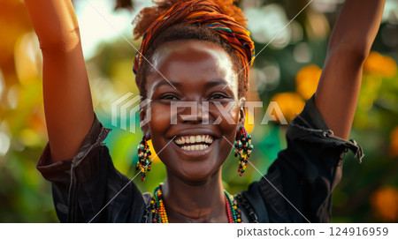 Woman with a big smile on her face is wearing colorful jewelry and a scarf Woman with a big smile on her face is wearing colorful jewelry and a scarf 124916959