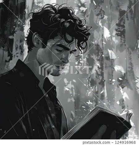 Man is reading a book with a serious expression on his face 124916968