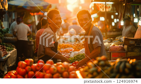 Two men smiling at a market with a variety of fruits and vegetables 124916974