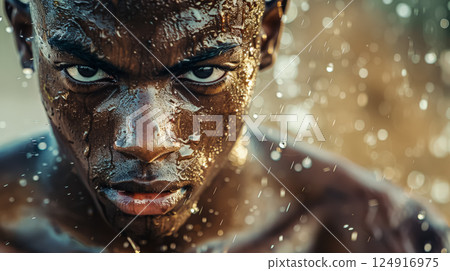 Man with sweat dripping down his face 124916975