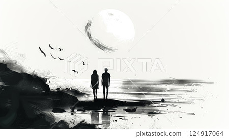 Couple standing on a beach at night with a full moon in the background 124917064