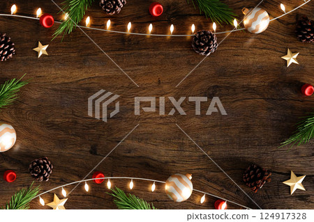 Elegant Christmas Decorations on Classic Wooden Table 3D Render 124917328