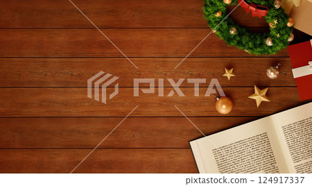 Holiday Coffee with Book and Gifts on Wooden Table 3D Render Holiday Coffee with Book and Gifts on Wooden Table 3D Render 124917337