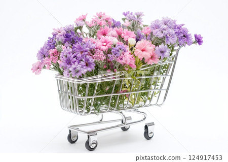 Shopping cart with summer pink flowers on white background, an empty space for text. Festive banner, template for advertisements of online shopping, flower delivery, weddings, floral gifts Shopping cart with summer pink flowers on white background, an empty space for text. Festive banner, template for advertisements of online shopping, flower delivery, weddings, floral gifts 124917453